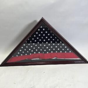 Patriotic Triangular Flag Display Glass Case With 4th Of July Bunting Americana